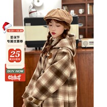 Egg buns restaurant_horn button brown plaid thickened woolen coat womens winter hooded long woolen coat
