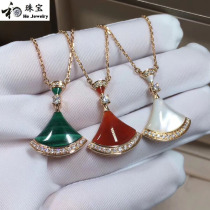 925 sterling silver fan skirt necklace White Fritillaria red agate Diamond green skirt pendant 18K gold choker women