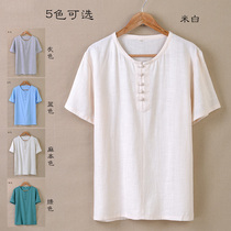 Tang suit mens Chinese short-sleeved cotton and linen t-shirt Chinese style retro buckle solid color summer shirt Linen ethnic style undershirt