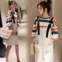  Foreign trade discount mall counters withdraw cabinets and cut labels Womens tail goods clearance pregnant womens short-sleeved denim strap skirt two-piece set