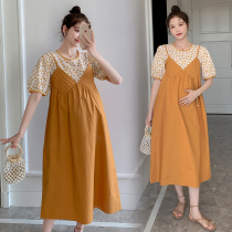 Angel mommy ~ maternity dress summer dress fashion foreign flower stitching fake two long dress large size pregnant dress
