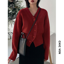 CHICVENx annual meeting New Year slanted V collar irregular pure wind short knitted cardigan womens winter New