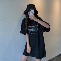 bf style black medium and long French half sleeve t-shirt dress womens summer undershirt missing Harajuku style Korean version of the top ins tide brand