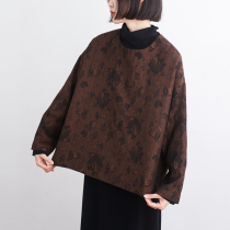 Coffee brown woven flower woolen cloth loose shirt small fish autumn and winter retro slim round neck women long sleeve Joker top