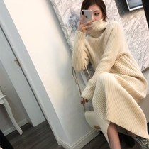 2019 new turtleneck sweater womens long over-the-knee one-piece sweater skirt temperament slim wool bottoming dress