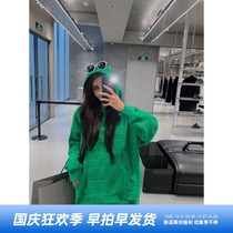 Green sweater women tide ins early autumn 2021 New loose bf lazy wind design sense niche hooded top