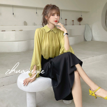 2021 summer thin long-sleeved stand-up collar shirt design niche Korean version of the two-piece set of high-waisted half-body A-line skirt
