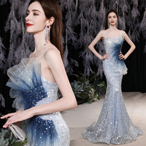 Angel Wedding Dress Blue Art Test Dinner Annual Performance Show Host Starlight Sequin Wedding Dress 18011