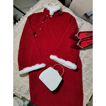 Southern Traditional Costume New Year Winter Fold Red Gold Velvet Semi-open Collected Provincial Cheongsam Plush Shawl