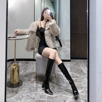  Ken bean with the same high heels womens autumn and winter mid-tube 2021 new high-tube knight boots patent leather boots