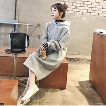 Pregnant womens sweater skirt autumn clothing pregnant belly fashion loose Korean version plus velvet mid-length knee autumn and winter dress
