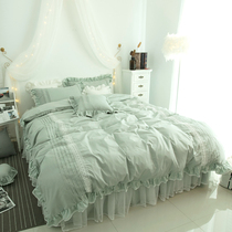 Korean solid color lace Princess style cotton four-piece set Cotton 1 5 1 8m bedding double bed skirt duvet cover
