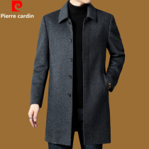 Pierre Cardin middle-aged and elderly cashmere coat mens mid-length plus velvet thickening dad wool woolen trench coat winter