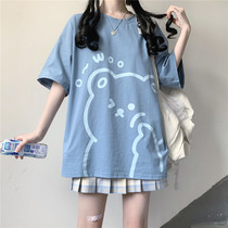 Japanese JK uniform grid skirt short-sleeved T-shirt womens summer new loose college style printing wild ins top suit