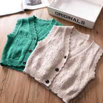  Girls Korean V-neck solid color knitwear baby green horse clip vest childrens cardigan thin jacket autumn new