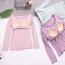 Ice silk pajamas womens long-sleeved top with chest pad summer thin bottoming air conditioning shirt casual loose top stripes