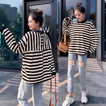 Pregnant womens spring clothing blouses online red fashion models go out 2022 New spring and autumn gestation women dress up with big code striped necropolis