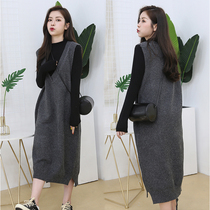Pregnant women autumn suit fashion sweater dress autumn and winter Korean version of loose size knitted vest strap dress female