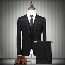 Mens jacquard suit three-piece Korean slim ice crack popular casual suit suit set wedding party dress