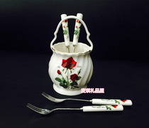 South Korea imported bone china stainless steel wedding gift coffee spoon dessert spoon fruit fork set flower basket 5p Red Rose