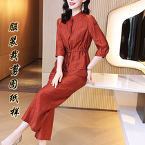 Spring and summer new cotton linen two-piece pattern womens stand collar top wide leg pants sample cutting figure 9971