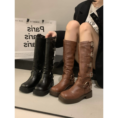 Тот же Miu Home Home Home Heel High -Debled Boots, панк -стиль квадратный рукав с застой с кровью коричневые ботинки моды ботинки