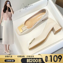 Single shoe woman 2022 new spring and summer coarse heel square head light mouth high heel shoe design sensation niche genuine leather One foot pedal womens shoes