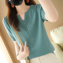 Summer thin new pure cotton line short sleeve knit T-shirt woman V collar jacket head loose half sleeve vest full cotton t-shirt