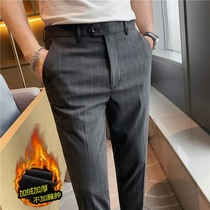 Rich Bird Fall Winter Casual Pants Men Thickened and Cashmere Slim Fit Foot Striped Pants British Men's Nine-point Pants