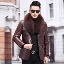 The first layer of cowhide leather clothing Big fox fur collar leather mens fur plus cotton leather suit new youth trend jacket