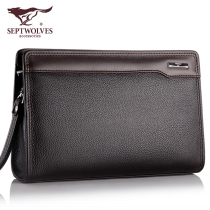 Seven Wolves Mens Handbags Pure Head Layer Bull Leather Hand Held Bag Full Dermis Aged Hands Bracelet Handbag Soft