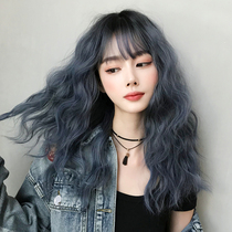 Wig female medium long hair Wool roll qi bangs short hair haze blue natural full head clavicle hair net red new style hair set