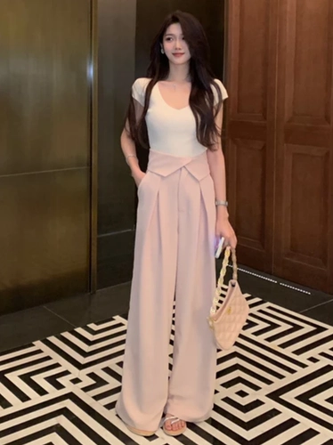 Комплект, костюм, штаны, в западном стиле, короткий рукав, V-образный вырез, свободный крой