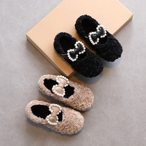 Girls plus velvet shoes 2021 autumn and winter New baby cashmere princess shoes Children Fashion non-slip Bean shoes