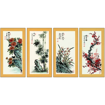中国古美術★純手描き四条屏・梅兰竹菊画芯★国画・鄭板橋印款・肉筆・宣紙・带水印 中国古美術☆純手描き四条屏・梅兰竹菊画芯☆国画・