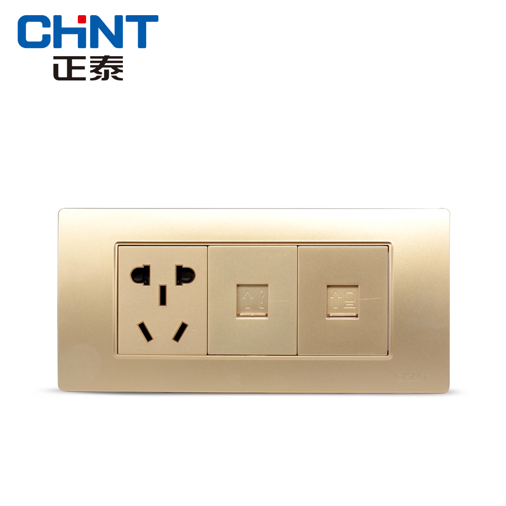 Zhengtai Electrician 118 wall socket NEW5D steel frame champagne dazzling golden three-in-one telephone computer