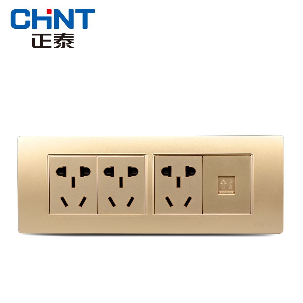 Zhengtai NEW5D Champagne Golden Four-digit Three-socket Telephone Switch Socket 118 Wall Power Supply Steel Frame Panel