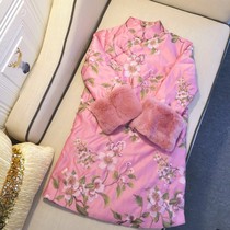 Cheongsam winter cotton cotton Chinese retro embroidered small jacket girl real rabbit hair sleeve cotton coat women warm thin dress