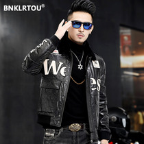 New b3 fashion letter leather hair one mens leather fur fur Haining leather jacket short locomotive jacket