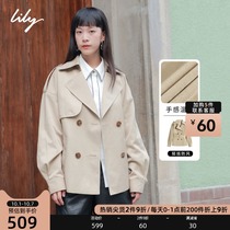 LILY2021 autumn new womens style English classic camel-breasted double collar profile short windbreaker jacket