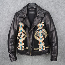 Navajo Jacquard head layer tender horse leather leather jacket mens motorcycle coat slim slim lapel locomotive jacket