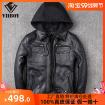 Mens autumn new hooded head layer cowhide locomotive jacket casual lapel leather clothing fashion slim coat