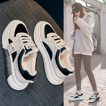 Hong Kong Net red thick bottom father shoes women autumn and winter plus velvet ins tide leather sports board shoes show feet small casual womens shoes