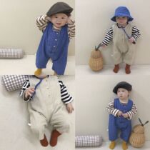 Boys cowboy pants spring and autumn clothes Korean baby Foreign style sleeveless jumpsuit baby suspenders striped T-shirt