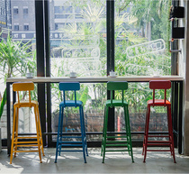 Retro bar chair Bar chair Wrought iron color solid wood long table Bar milk tea shop table and chair combination high stool Light luxury
