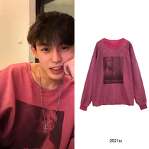2021 Tide Brand ins Yu Qingwei Same Sweater T-shirt Dirty Pink Portrait Hip Hop Long Sleeve Loose Top Couple Men and Women