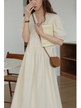 LOSTSOULS Hepburn skirt high waist white V-neck long dress ins summer French loose bubble sleeve dress female
