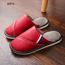 Winter warm slippers Home autumn and winter women men waterproof PU leather winter warm soft bottom plush indoor non-slip cotton slippers