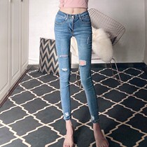  European station tide brand light blue hole jeans womens low waist stretch tight summer new pencil pants tide