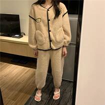 Coral velvet lady in autumn and winter thickening plus sweater cute cartoon cartoon home suit two pieces of outfit wear